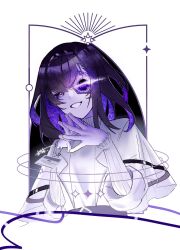 1girl arknights black_hair black_hole capelet colored_inner_hair diamond-shaped_pupils diamond_(shape) highres long_hair long_sleeves looking_at_viewer multicolored_hair ochiyo_(ho_ro103) open_mouth priestess_(arknights) purple_eyes purple_hair smile solo steepled_fingers sweater symbol-shaped_pupils upper_body white_background white_capelet white_sweater