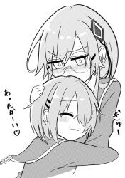 2girls aoi11_luyu blush glasses grey_hair hair_ornament hair_over_one_eye hair_over_shoulder hairclip head_on_another&#039;s_chest heaven_burns_red highres hug izumi_yuki_(heaven_burns_red) jacket kayamori_ruka long_hair long_sleeves monochrome multiple_girls round_eyewear shirt short_hair white_shirt yuri