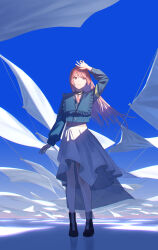 1girl absurdres arm_up bang_dream! bang_dream!_it&#039;s_mygo!!!!! black_choker blue_jacket blue_sky chihaya_anon choker closed_mouth commentary_request crop_top earrings highres jacket jewelry jun_(inrshun) long_hair long_sleeves midriff necklace pink_hair shadow skirt sky solo surreal white_skirt