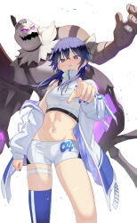1girl absurdres black_hair blue_hair blue_nails blue_thighhighs contrapposto cowboy_shot cropped_shirt crossed_bangs hair_between_eyes high_collar highres ichinose_uruha jacket long_hair long_sleeves looking_at_viewer multicolored_hair nananamako navel off_shoulder open_clothes open_jacket parted_lips pointing pointing_at_viewer purple_eyes shirt short_shorts shorts simple_background single_thighhigh stand_(jojo) stomach streaked_hair thigh_strap thighhighs virtual_youtuber vspo! vspo!_showdown white_background white_jacket white_shirt white_shorts wind zipper zipper_pull_tab