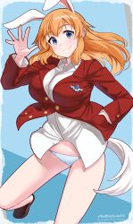 Rule 34 | 1girl, absurdres, animal ears, blazer, blue eyes, blush, breasts, charlotte e. yeager, closed mouth, hand in pocket, highres, hiroshi (hunter-of-kct), jacket, large breasts, long hair, looking at viewer, military uniform, orange hair, panties, rabbit ears, rabbit tail, red jacket, shirt, simple background, smile, solo, strike witches, tail, underwear, white panties, white shirt, world witches series