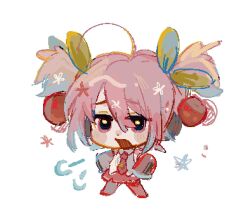 1girl ahoge blush boots cherry cherry_hair_ornament chibi collared_shirt detached_sleeves dot_nose food food-themed_hair_ornament fruit fruit_hair_ornament full_body hair_between_eyes hair_ornament hatsune_miku headset highres long_sleeves makeup necktie nose_blush open_mouth pink_hair pink_necktie pink_skirt rouge_(makeup) sakura_miku shirt sidelocks sigh skirt solo suuroku vocaloid white_background