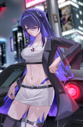 1girl absurdres acheron_(honkai:_star_rail) alternate_costume black_coat black_thighhighs blurry blurry_background breasts car coat commentary_request highres honkai:_star_rail honkai_(series) jewelry leg_tattoo long_hair medium_breasts miniskirt miya-chan_(lightning0730) motor_vehicle navel necklace night night_sky purple_background purple_eyes robin_(honkai:_star_rail) single_thighhigh skirt sky solo stomach strapless tattoo thigh_strap thighhighs tube_top very_long_hair white_skirt white_tube_top