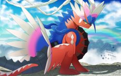 artist_name closed_mouth cloud cocoloco colored_sclera commentary_request dated day koraidon nintendo no_humans orange_eyes outdoors pokemon pokemon_(creature) rainbow sky solo yellow_sclera