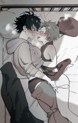 2girls after_kiss armpit_crease ass bed_frame bed_sheet blanket blush breasts breath clothes_lift clothes_pull curtained_hair ear_blush ear_piercing earrings eye_contact eyelashes fang feet_out_of_frame film_grain forehead_blush from_above from_side genderswap genderswap_(mtf) groping hair_between_eyes hand_under_clothes hand_under_shirt harai_kuko heavy_breathing highres hood hood_down hoodie hypnosis_mic imminent_kiss japanese_clothes jewelry kimono large_breasts long_eyelashes looking_at_another lying monochrome multiple_girls multiple_piercings nbnekochan on_bed on_side open_mouth panties pants pants_pull panty_pull parted_lips piercing pillow plug_(piercing) shade shirt shirt_lift short_hair sleeveless sleeveless_kimono sleeves_pushed_up small_breasts smile spiked_hair sports_panties sweatpants tongue tongue_out underwear undressing_another v-shaped_eyebrows yamada_ichiro yuri
