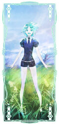 Rule 34 | 1other, androgynous, aqua eyes, aqua hair, aqua tongue, az rei, bare legs, bare tree, belt, belt buckle, black necktie, black shirt, black shoes, black shorts, blue sky, border, buckle, card (medium), cloud, collared shirt, colored skin, commentary request, day, field, floating hair, full body, gem uniform (houseki no kuni), happy, high collar, highres, houseki no kuni, knees, layered shirt, looking at viewer, necktie, on grass, open mouth, other focus, outdoors, phosphophyllite, puffy short sleeves, puffy sleeves, shirt, shoes, short hair, short shorts, short sleeves, shorts, sky, smile, solo, standing, tree, v-neck, white belt, white border, white shirt, white skin, wind