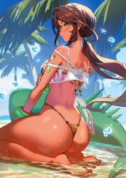 1girl andromeda_(fate) andromeda_(second_ascension)_(fate) armlet ass back back_focus bare_shoulders barefoot bikini blush braid breasts brown_hair butt_crack cetus_(fate) dark-skinned_female dark_skin day fate/grand_order fate_(series) feet from_behind green_eyes hair_ornament highleg highleg_bikini highres inflatable_toy jewelry lack large_breasts long_hair looking_at_viewer looking_back low_ponytail multicolored_bikini outdoors palm_tree ponytail rainbow_bikini see-through_clothes see-through_shirt shallow_water shirt sidelocks sitting soles solo swimsuit thick_thighs thighs thong_bikini toes tree tropical water water_drop wet white_nails