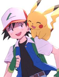 1boy ash_ketchum backpack bag black_hair black_shirt brown_eyes check_commentary closed_eyes commentary_request creatures_(company) facial_mark fingerless_gloves game_freak gen_1_pokemon gloves hat highres jacket male_focus nintendo pikachu pokemon pokemon_(anime) pokemon_(classic_anime) pokemon_(creature) shimizu_tomoki shirt simple_background smile white_background