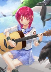 1girl absurdres angel_beats! animal bird blue_sailor_collar blue_skirt blue_sky closed_mouth cloud commentary_request crow day guitar highres holding holding_instrument instrument iwasawa_masami lips long_hair miniskirt music plant playing_instrument pleated_skirt red_eyes red_hair sailor_collar school_uniform shirt sitting skirt sky sleeves_rolled_up water white_shirt zuzuhashi
