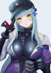 1girl absurdres baton_(weapon) between_breasts blue_hair breasts facial_mark girls&#039;_frontline girls&#039;_frontline_2:_exilium green_eyes highres hk416_(girls&#039;_frontline) holding_baton_(weapon) jacket klukai_(girls&#039;_frontline_2) open_mouth purple_jacket solo strap_between_breasts teardrop teardrop_facial_mark upper_body weapon zion_rss
