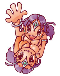 Rule 34 | 2girls, alternate breast size, armlet, bracelet, breast press, breasts, brown eyes, circlet, cleavage, dark-skinned female, dark skin, dragon quest, dragon quest iv, earrings, forehead jewel, from above, gem, green gemstone, hand up, hug, jewelry, large breasts, lipstick, long hair, looking at viewer, looking up, lowres, makeup, minea (dq4), multiple girls, open mouth, p2012p, pink lips, purple hair, siblings, sisters, smile, sphere earrings, symmetrical docking, waving