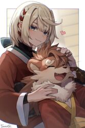 2boys artist_name blonde_hair blush claws closed_eyes closed_mouth commentary english_commentary fang furry furry_male heart highres japanese_clothes kimono looking_at_viewer male_focus multiple_boys open_mouth otter_(housamo) ponzu_tas red_kimono signature smile tokyo_houkago_summoners tuaring_(housamo) whiskers