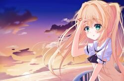 Rule 34 | 1girl, ascot, black ascot, blonde hair, blue sky, blush, commentary, floating hair, green eyes, hair intakes, hair ornament, hand up, long hair, looking ahead, ocean, open mouth, orange sky, outdoors, puffy short sleeves, puffy sleeves, ringed eyes, sailor collar, school uniform, serafuku, shading eyes, shirt, short sleeves, sidelocks, sky, solo, summer pockets, summer pockets school uniform, sunset, sweater vest, tsumugi wenders, twilight, twintails, upper body, user jvdy4345, white sailor collar, white shirt, x hair ornament, yellow sweater vest