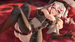 1girl belt black_lips breasts brown_belt cleavage colored_inner_hair elbow_gloves gloves hair_ornament highres linea_alba lying multicolored_hair on_back parted_lips pillow pouch red_eyes red_hair red_nails second-party_source sinthya_sanguine skindentation solo symbol-shaped_pupils tactical_clothes thighhighs vallure virtual_youtuber white_hair yumeha_tseru