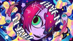 1girl alien argemia_(voices_of_the_void) artist_name green_eyes hair_between_eyes heart highres looking_at_viewer open_mouth red_hair rquattroki shrimp solo star_(symbol) thick_eyebrows voices_of_the_void whiskers