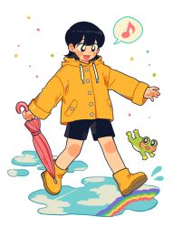 1girl :d black_eyes black_hair black_shorts blush_stickers boots bright_pupils buttons coat commentary frog full_body highres holding holding_umbrella hood hood_down hooded_coat long_sleeves musical_note open_mouth original puddle rainbow red_umbrella rubber_boots short_hair shorts sihyun25 simple_background smile solo spoken_musical_note symbol-only_commentary umbrella walking white_background white_pupils yellow_boots yellow_coat