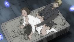 1girl 2boys all_fours ass bad_id bad_pixiv_id blonde_hair blush boots breasts brother_and_sister brown_hair carbonite closed_eyes clothed_sex clothes_lift collarbone doggystyle double_bun dress dress_lift eyebrows full_body hair_bun han_solo hetero highres incest knee_boots luke_skywalker multiple_boys netorare nipples no_panties open_clothes open_mouth princess_leia sex sex_from_behind short_hair siblings small_breasts spread_legs star_wars temon torn_clothes torso_grab white_dress white_footwear