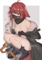 1girl absurdres ahoge anger_vein animal_ears arknights bare_shoulders black_boots black_coat black_gloves boots border breasts cleavage coat commentary_request covered_mouth covering_nipples covering_privates crownslayer_(arknights) elbow_gloves fingerless_gloves full_body gloves grey_background hair_between_eyes hair_ornament hairclip highres knee_boots looking_at_viewer mask medium_breasts mouth_mask ninja_mask no_bra nyo_(fy_1) outside_border partial_commentary red_eyes red_hair shiny_skin short_hair solo spoken_anger_vein squatting tearing_up white_border