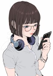 1girl black_nails blue_eyes blunt_bangs blush bracelet brown_hair closed_mouth ear_piercing eyelashes fingernails glasses grey_shirt headphones headphones_around_neck highres holding holding_phone jewelry lips looking_at_object medium_hair nail_polish necklace nose_blush original phone piercing shirt short_sleeves signature simple_background upper_body white_background yoshino_ganko