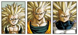 3boys armor black_vest blonde_hair blue_bodysuit blue_shirt bodysuit border dougi dragon_ball dragon_ball_daima dragonball_z gotenks green_eyes highres long_hair male_focus multiple_boys muscular muscular_male no_eyebrows no_shirt orange_shirt ryukyudb0726 saiyan_armor shirt smirk son_goku spiked_hair super_saiyan super_saiyan_3 upper_body vegeta vest white_armor white_border