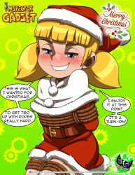 1girl artist_name bdsm biting_own_lip blonde_hair blue_eyes blush bondage bound christmas english_text highres in_heat inspector_gadget legs looking_at_viewer low_twintails naughty_face penny_(inspector_gadget) santa_costume smile solo teeth thighs twintails