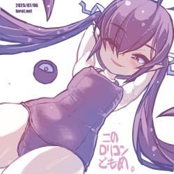 1girl ;) ahoge armpits arms_behind_head backbeako_(torotei) backbeard blush breasts commentary covered_erect_nipples dated dated_commentary dutch_angle eyes_visible_through_hair gegege_no_kitarou hair_over_one_eye hair_ribbon kono_lolicon_domome loli long_hair looking_at_viewer one_eye_closed open_mouth original paid_reward_available parted_lips pointy_ears ribbon school_swimsuit simple_background small_breasts smile solo swimsuit torotei translated twintails very_long_hair watermark web_address wet white_background white_ribbon