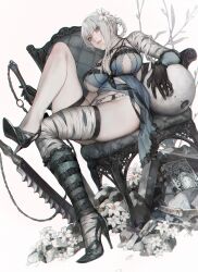 1girl aoin bandaged_arm bandaged_leg bandaged_neck bandages breasts chair female_focus flower grimoire_weiss hair_flower hair_ornament high_heels highres jagged_sword kaine_(nier) large_breasts lingerie lunar_tear nier nier_(series) panties sitting skindentation underboob underwear white_hair white_panties