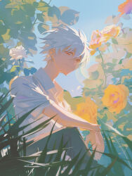 1boy blue_sky collared_shirt commentary english_commentary flower grass highres ka101 leaf nagisa_kaworu neon_genesis_evangelion on_grass red_eyes shirt short_hair short_sleeves sky solo white_flower white_hair white_shirt yellow_flower