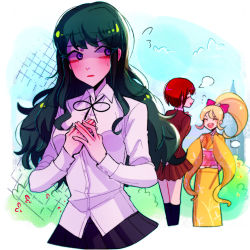 3girls blonde_hair blush closed_eyes danganronpa_(series) danganronpa_3_(anime) green_hair highres huyandere japanese_clothes kimono koizumi_mahiru long_hair multiple_girls open_mouth ponytail purple_eyes red_hair saionji_hiyoko satou_(danganronpa) school_uniform shirt short_hair skirt white_shirt