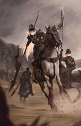 2girls absurdres animal armor battle black_jacket blonde_hair brown_gloves check_copyright chinese_commentary closed_mouth commentary_request copyright_request cuirass day dust gloves hair_between_eyes highres holding holding_polearm holding_weapon horse horseback_riding jacket knight lance long_hair long_sleeves looking_ahead looking_at_viewer mofashi_(sxaf8777) multiple_girls outdoors polearm riding skull war warhammer_40k warhammer_fantasy weapon yellow_eyes