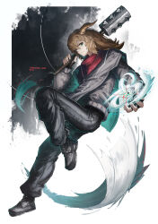 Rule 34 | 1boy, absurdres, artist name, black boots, black jacket, black pants, blonde hair, boots, brown horns, closed mouth, commentary, commission, english commentary, franlol, full body, green eyes, hair between eyes, highres, holding, holding weapon, horns, jacket, long hair, long sleeves, looking at viewer, male focus, original, pants, solo, standing, standing on one leg, weapon