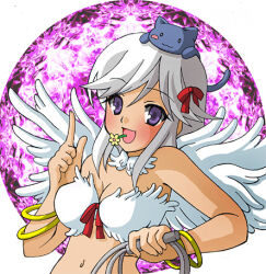 1girl animal animal_on_head bangle bikini blush bow bracelet breasts cat cat_on_head cleavage commentary_request feather_trim feathered_wings grey_cat grey_hair hair_bow holding holding_whip index_finger_raised jewelry long_hair looking_at_viewer lowres medium_breasts monou0135 navel on_head open_mouth purple_eyes ragnarok_online red_bow solo swimsuit upper_body wanderer_(ragnarok_online) white_background white_bikini white_wings wings