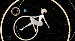 1girl absurdres bodysuit closed_mouth dated earth_(planet) flat_chest from_side grey_bodysuit grey_eyes grey_hair hair_ornament high_heels highres long_hair mechabare nanami:_starfarer_(pgr) nanami_(pgr) planet planetarium ponytail punishing:_gray_raven puyuyan signature solo spacesuit wing_hair_ornament