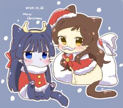 animal animal_focus animalization black_hair blue_eyes blush brown_eyes brown_hair cat closed_mouth clothed_animal dated dot_mouth english_text fake_antlers fake_facial_hair fake_mustache grey_background hat hutaba idolmaster idolmaster_million_live! jitome kitazawa_shiho long_hair looking_at_viewer merry_christmas mogami_shizuka no_humans santa_costume santa_hat sitting white_bag