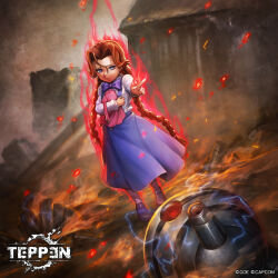 1girl anita_(darkstalkers) aura blue_eyes brown_hair capcom child darkstalkers destruction electricity embers energy fire glowing highres jun_ishimaru long_hair magic official_art pigtail_braids robot teppen