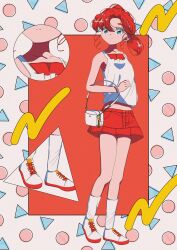 Rule 34 | 1girl, absurdres, aqua eyes, bag, border, camisole, collarbone, full body, highres, inset, kishin, looking to the side, memphis design, midriff, miniskirt, original, outside border, ponytail, red background, red hair, red skirt, shoes, shoulder bag, skirt, sneakers, socks, white bag, white camisole, white footwear, white socks