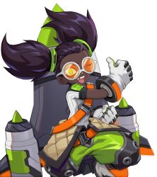 1girl :d absurdres artist_request black_hair child dark-skinned_female dark_skin fist_pump green_eyes highres knee_up long_hair luna_(omega_strikers) missing_tooth non-web_source official_art omega_strikers open_mouth orange-tinted_eyewear oversized_gloves rocket round_eyewear shirt short_sleeves smile solo teeth thumbs_up tinted_eyewear twintails upper_teeth_only white-framed_eyewear white_shirt