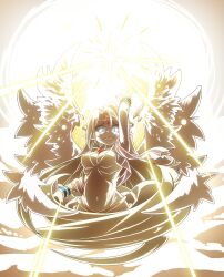 Rule 34 | 1girl, above clouds, angel, angel wings, arm up, blonde hair, blue eyes, bracelet, breasts, circlet, cloud, commentary, crazy eyes, crazy smile, cropped legs, dress, english commentary, feathered wings, forehead jewel, gem, hagoromo, highres, ilias, jewelry, large breasts, light rays, light trail, long hair, looking at viewer, mon-musu quest!, multiple wings, navel, pointy ears, red gemstone, sent99, seraph wings, shawl, smile, solo, star (sky), very long hair, white dress, wings