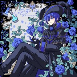 1boy ascot bad_id bad_twitter_id bicorne black_ascot black_gloves black_jacket black_pants blue_eyes blue_flower blue_hair blue_rose crossed_legs floral_background flower gloves hair_between_eyes hat heart highres inactive_account jacket kaito_(rosa_blue)_(vocaloid) kaito_(vocaloid) long_sleeves looking_at_viewer male_focus meremero pants rose short_hair sitting smile solo vocaloid