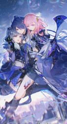 3girls absurdres acheron_(honkai:_star_rail) ahoge black_boots black_gloves black_shorts blue_eyes boots breasts building chinese_commentary cityscape coat commentary_request crop_top cyrene_(honkai:_star_rail) drill_hair fur-trimmed_jacket fur_trim gloves grey_eyes grey_hair hand_on_another&#039;s_shoulder highres holding holding_game_cartridge holding_sword holding_weapon honkai:_star_rail honkai_(series) jacket leg_tattoo long_hair medium_hair midair midriff multiple_girls navel open_mouth outdoors pink_hair purple_coat purple_eyes qieazhibingjiling rain shorts silver_wolf_(honkai:_star_rail) skyscraper smile sword tattoo very_long_hair weapon