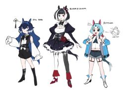 3girls :3 :d animal_ears asymmetrical_legwear belt black_bow black_bowtie black_hair black_thighhighs bloom_(irys) blue_eyes blue_hair blue_hairband blue_shorts blunt_bangs boots bow bowtie breasts brown_belt chattino_(raora_panthera) commentary dasdokter ear_ribbon english_commentary flat_chest full_body fusion gloom_(irys) grey_eyes hair_bun hair_ornament hairband heterochromia high_heels hololive hololive_english horn_hairband horse_ears horse_girl horse_tail jailbird_(nerissa_ravencroft) juliet_sleeves knee_boots long_hair long_sleeves medium_breasts midriff mismatched_legwear multicolored_hair multiple_girls navel open_mouth personification puffy_sleeves red_eyes red_shoes shoes short_hair short_shorts shorts simple_background sleeves_past_fingers sleeves_past_wrists smile streaked_hair tail thigh_strap thighhighs two-tone_hair umamusume very_long_hair very_long_sleeves virtual_youtuber white_background white_hair white_thighhighs x_hair_ornament