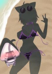1girl absurdres beach bikini black_bikini breasts dressed_shadow_(meme) highres hololive implied_nudity kumoru_(kumoru_145) large_breasts meme nekomata_okayu ocean onigirya_(nekomata_okayu) sand side-tie_bikini_bottom solo_focus sunglasses swimsuit virtual_youtuber w water