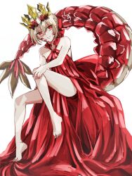 1girl barefoot bun_with_braided_base cibamatoxins commentary_request crown dragon_tail dress fate/grand_order fate_(series) flat_chest full_body gold_crown hair_bun highres long_dress nero_claudius_(fate) pointed_crown queen_draco_(fate) queen_draco_(first_ascension)_(fate) red_dress scales single_hair_bun sitting solo tail