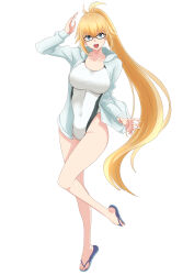 1girl absurdres arms_up bare_legs black-framed_eyewear blonde_hair blue_eyes blue_sandals braid braided_ponytail breasts collarbone competition_swimsuit covered_navel curvy fate/grand_order fate_(series) full_body glasses hair_between_eyes high_ponytail highres jacket jeanne_d&#039;arc_(fate) jeanne_d&#039;arc_(swimsuit_archer)_(fate) jeanne_d&#039;arc_(swimsuit_archer)_(second_ascension)_(fate) large_breasts long_braid long_hair long_sleeves looking_at_viewer one-piece_swimsuit open_clothes open_jacket open_mouth outstretched_hand ponytail sandals simple_background sleeves_past_wrists smile solo spread_fingers standing swimsuit thighs umachan_(umapotato) very_long_hair white_background white_jacket white_one-piece_swimsuit