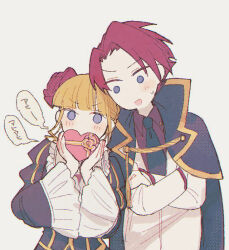 Rule 34 | 1boy, 1girl, bakara (19083210), beatrice (umineko), black cape, black dress, black necktie, blonde hair, blue eyes, blush, cape, collared shirt, commentary request, crossed arms, dress, flower, frilled sleeves, frills, gold trim, hair flower, hair ornament, height difference, hetero, jacket, necktie, no sclera, red flower, red hair, red rose, red shirt, rose, shirt, short hair, simple background, speech bubble, sweat, translation request, umineko no naku koro ni, ushiromiya battler, v-shaped eyebrows, valentine, white background, white jacket, wide sleeves