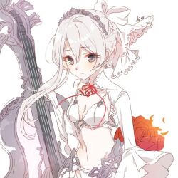 armor armored_dress bad_id bad_twitter_id blush bow bra braid closed_mouth cropped_jacket dress expressionless flower grey_eyes hair_bow holding holding_instrument instrument lingerie long_sleeves looking_at_viewer navel panties red_flower red_rose rose shiro_snow signature simple_background sinoalice skirt snow_white_(sinoalice) tiara underwear violin white_background white_bra white_panties