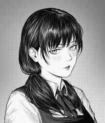 1girl absurdres chainsaw_man collared_shirt dress fourth_east_high_school_uniform greyscale highres long_hair looking_at_viewer low_twintails marvin_(omarvin) mitaka_asa monochrome parted_lips pinafore_dress school_uniform shirt sleeveless sleeveless_dress solo twintails
