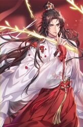 1boy absurdres blue_eyes brown_hair chinese_clothes chu_wanning closed_mouth cowboy_shot erha_he_tadebai_mao_shizun flower glowing glowing_weapon hanfu highres holding holding_whip korean_commentary long_hair long_sleeves looking_at_viewer male_focus petals red_flower red_hanfu red_petals ribbon ribboned_xiao_guan see-through_clothes solo tassel topknot weapon whip white_hanfu white_ribbon wide_sleeves xiao_guan_(headdress) yaopei zehel_az