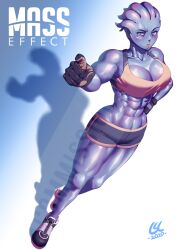 2020 abs alien blue_skin blush colored_skin freckles gloves liara_t&#039;soni mass_effect_(series) mass_effect_1 muscular muscular_female phoebus_art shadow shoes shorts signature sneakers tank_top tentacle_hair white_background