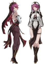 1girl absurdres alternate_costume ass bare_back bare_shoulders black_pantyhose breasts detached_sleeves genshin_impact highres large_breasts looking_at_viewer nun pantyhose purple_eyes purple_hair rosaria_(genshin_impact) simple_background thigh_strap thighs white_background yuiiki014